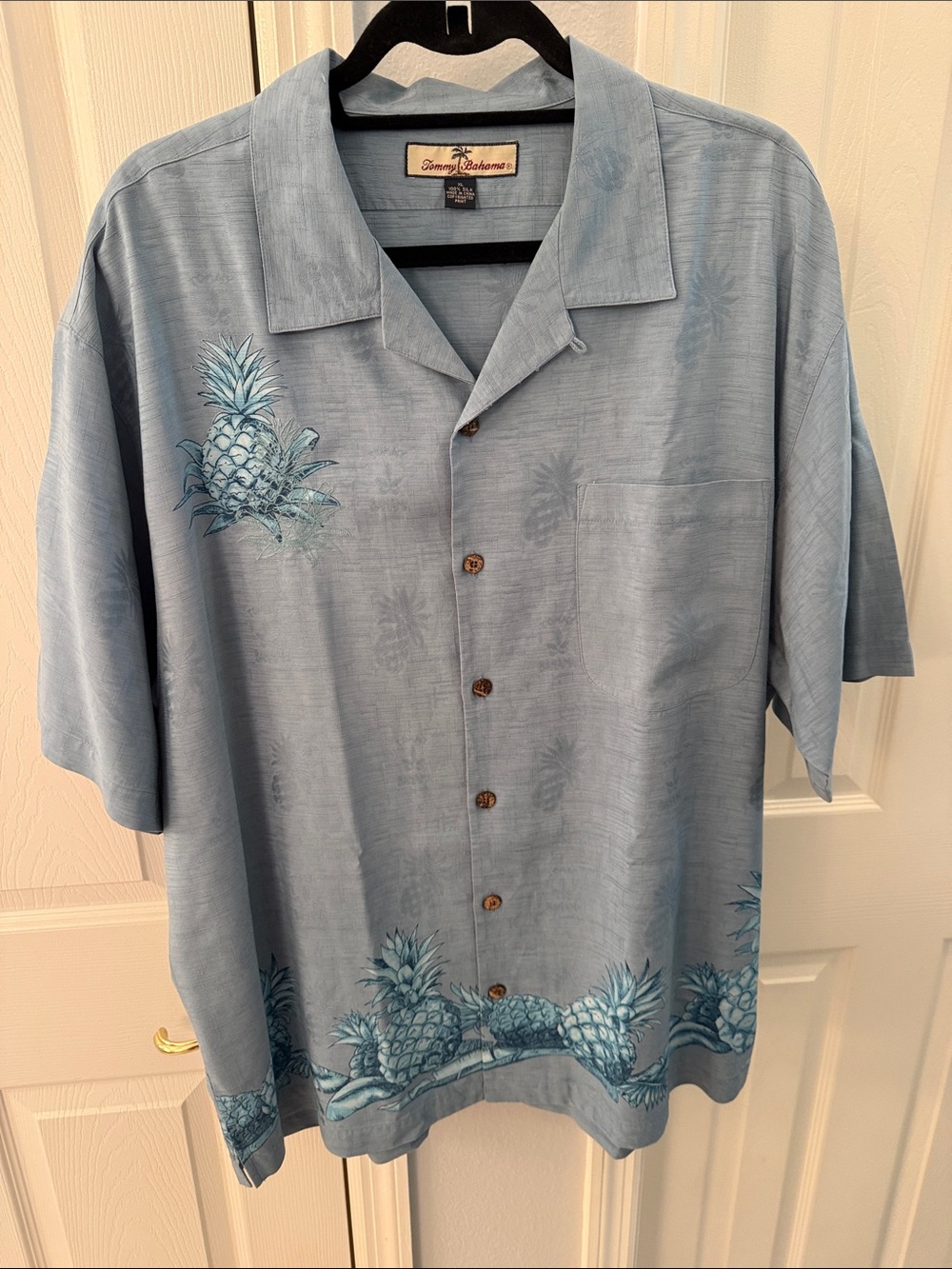 Tommy Bahama Light Blue Pineapple Camp Shirt with Border Print